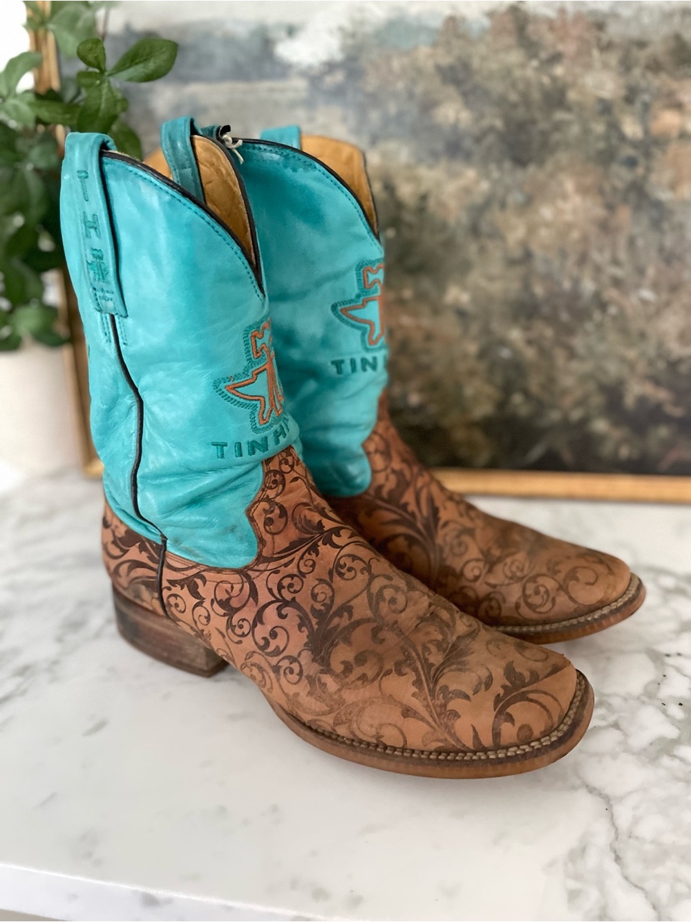 Tin Haul Womens Western Boots Turquoise Brown Floral Tooled Leather Size 10 - Picture 1 of 12